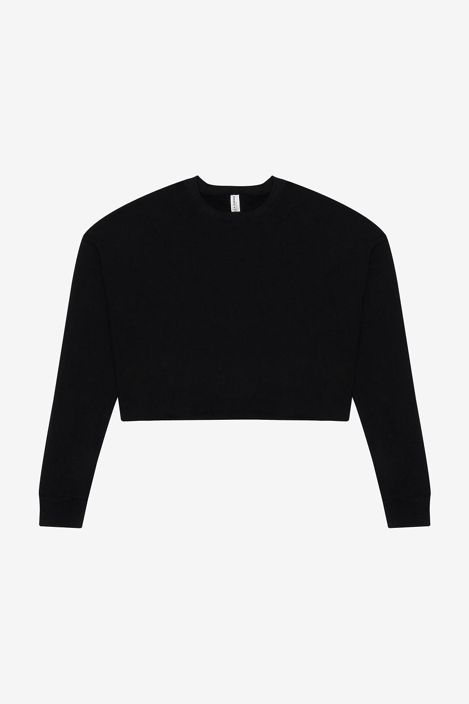 Black women's cropped crew fleece pullover with raw hem and dropped shoulder design