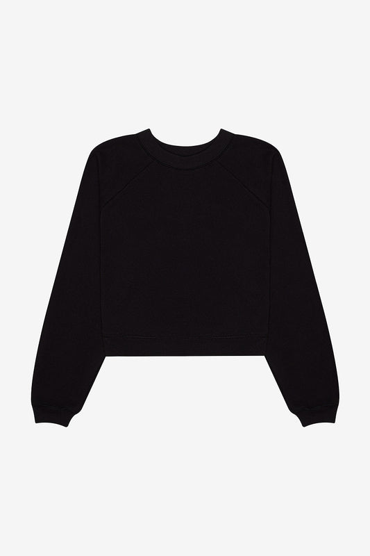 Black women's raglan pullover fleece with contoured seams and lightweight warmth
