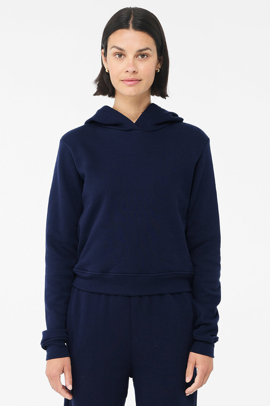 Women's Classic Pullover Hoodie in navy blue with mid-length crop and no drawcords