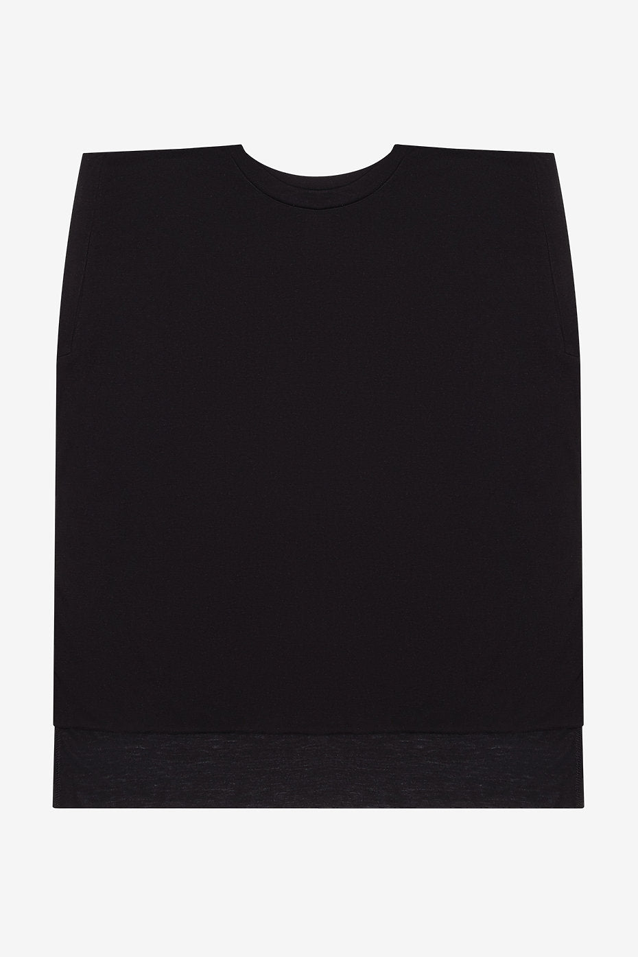 Black women's flowy muscle tee with rolled cuffs and high-low raw edge hem