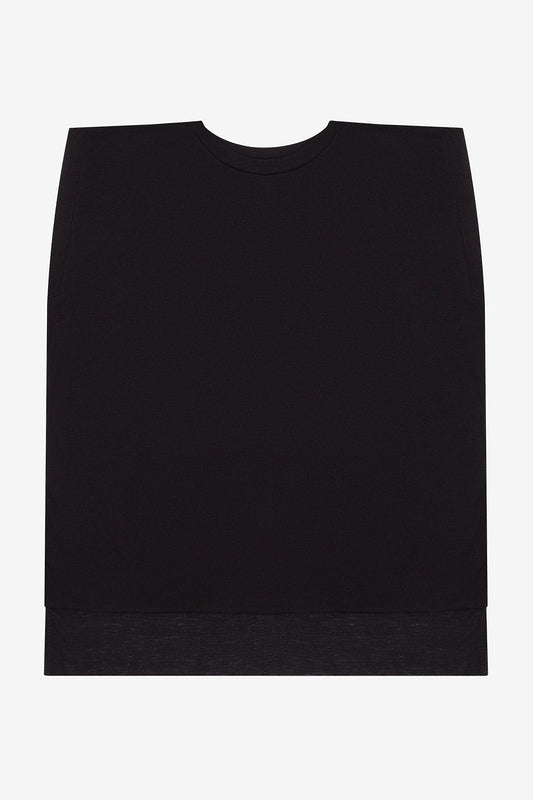 Black women's flowy muscle tee with rolled cuffs and high-low raw edge hem