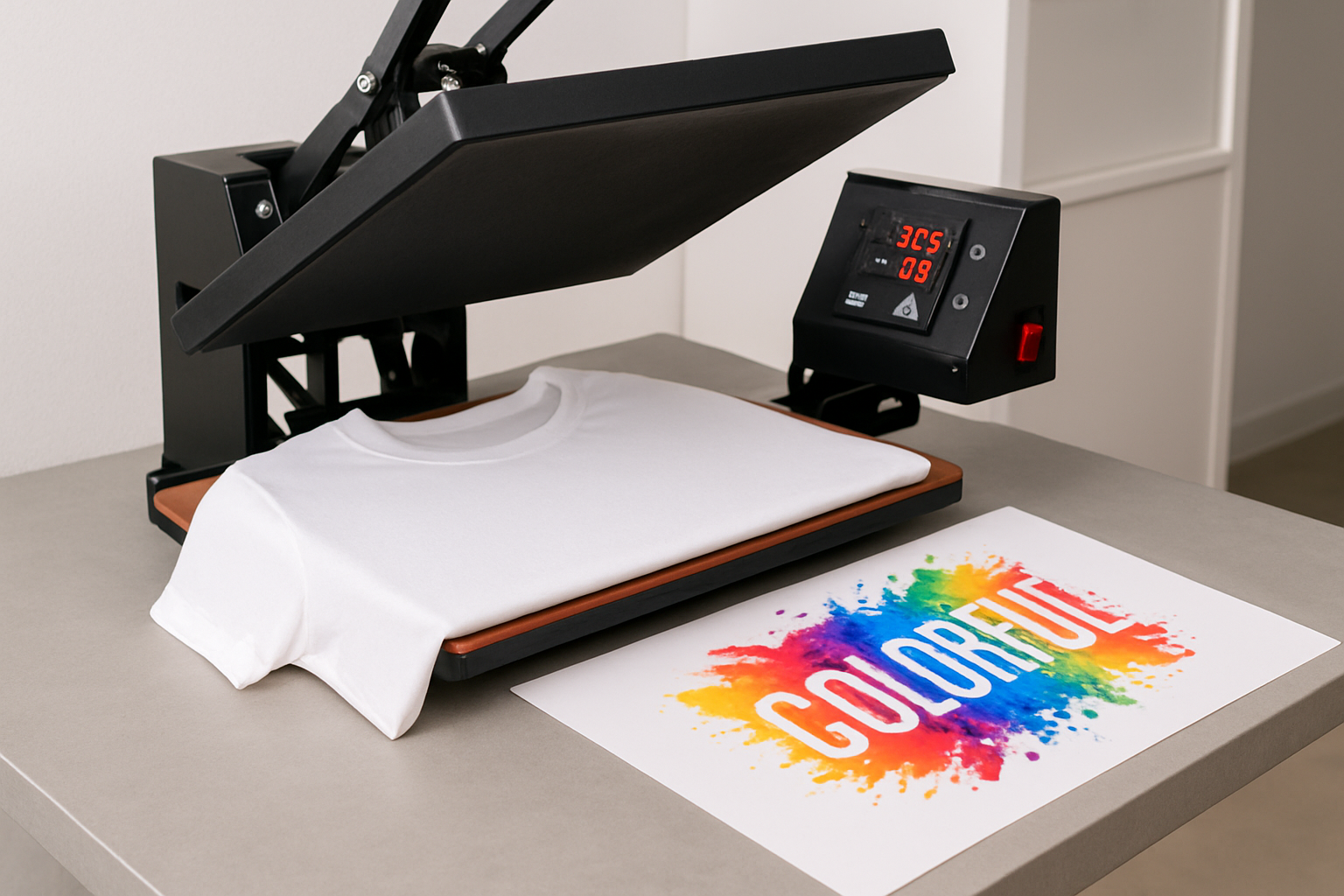 heat press with a t-shirt and a print to be pressed