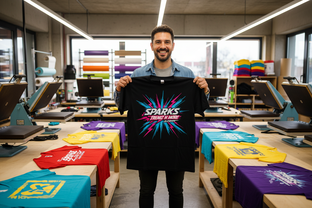 young 30-year-old man holding up a Sparks Trendz n More t-shirt in Black with electric blue hot pink and white colors surrounded by heat presses with t-shirts already done