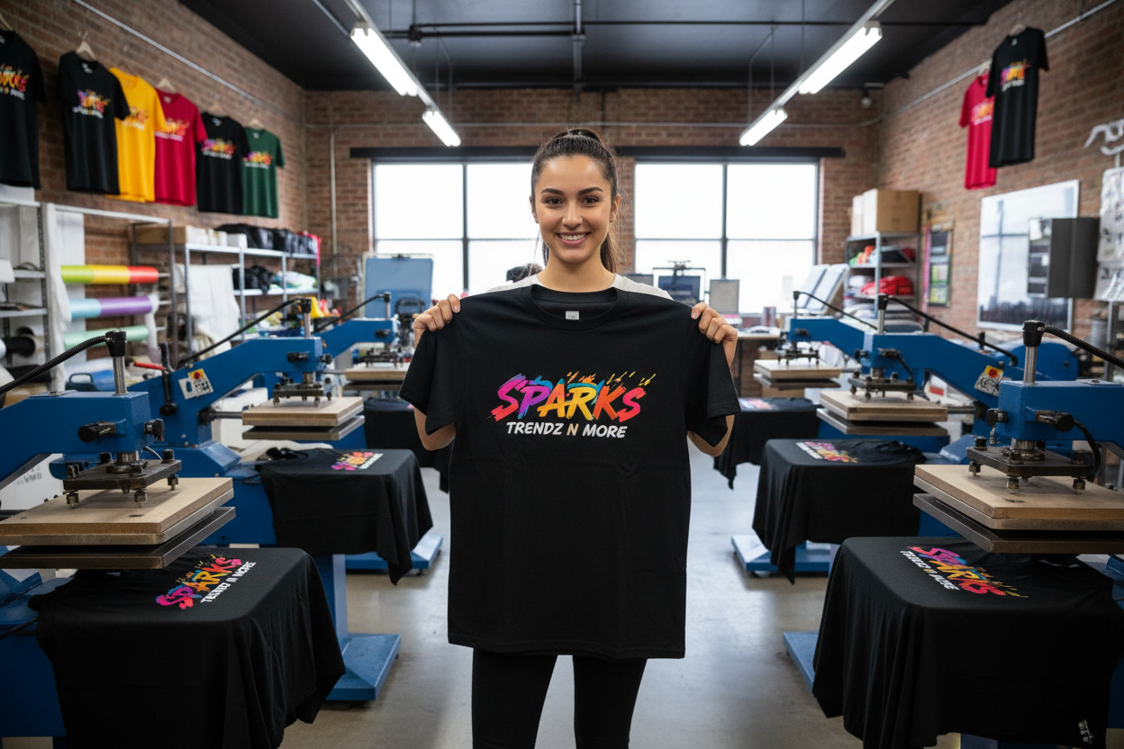Young woman in her late 20's with dark hair in a pony-tail in a print shop with heat presses around and t-shirts on the heat press and she is holding up a black t-shirt that says Sparks Trendz n More in Logo colors